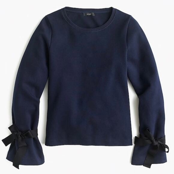 J.Crew size M Ribbon Tie Bell Sleeve Crewneck Sweatshirt - Navy - Picture 2 of 12